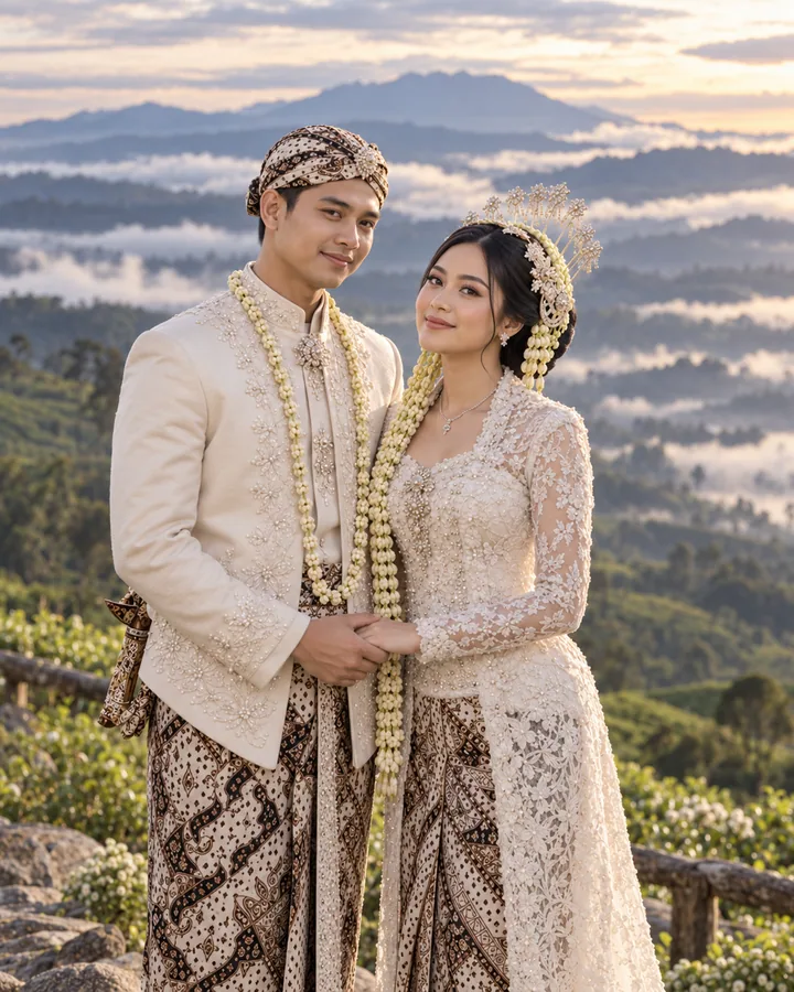 Potret Nara dan Aruna dengan latar pegunungan